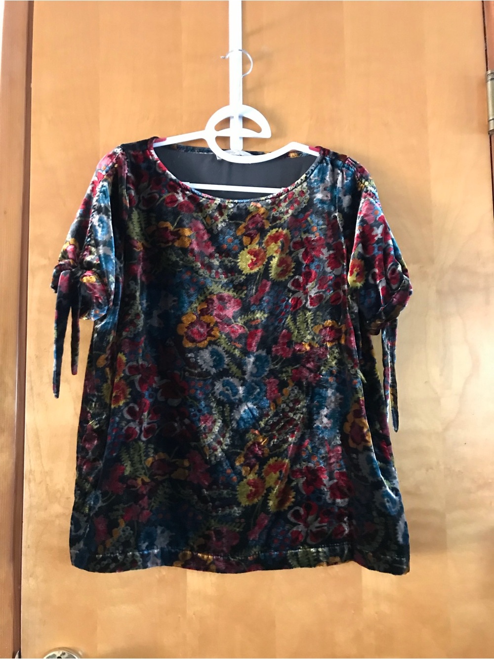 LOFT Velvet Floral Tie-Sleeve Top in Multicolor (Burgundy, Teal, Yellow)